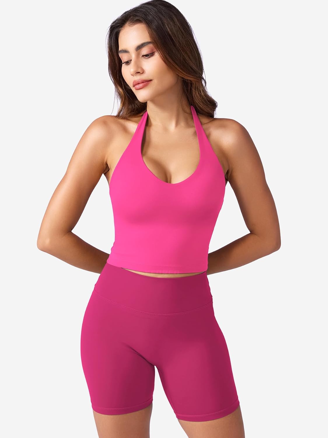 YEOREO Women's Halter Crop Top V Neck Workout Going Out Tank Top Hazel Padded Sleeveless Backless Trendy Summer Camisole - Image 6