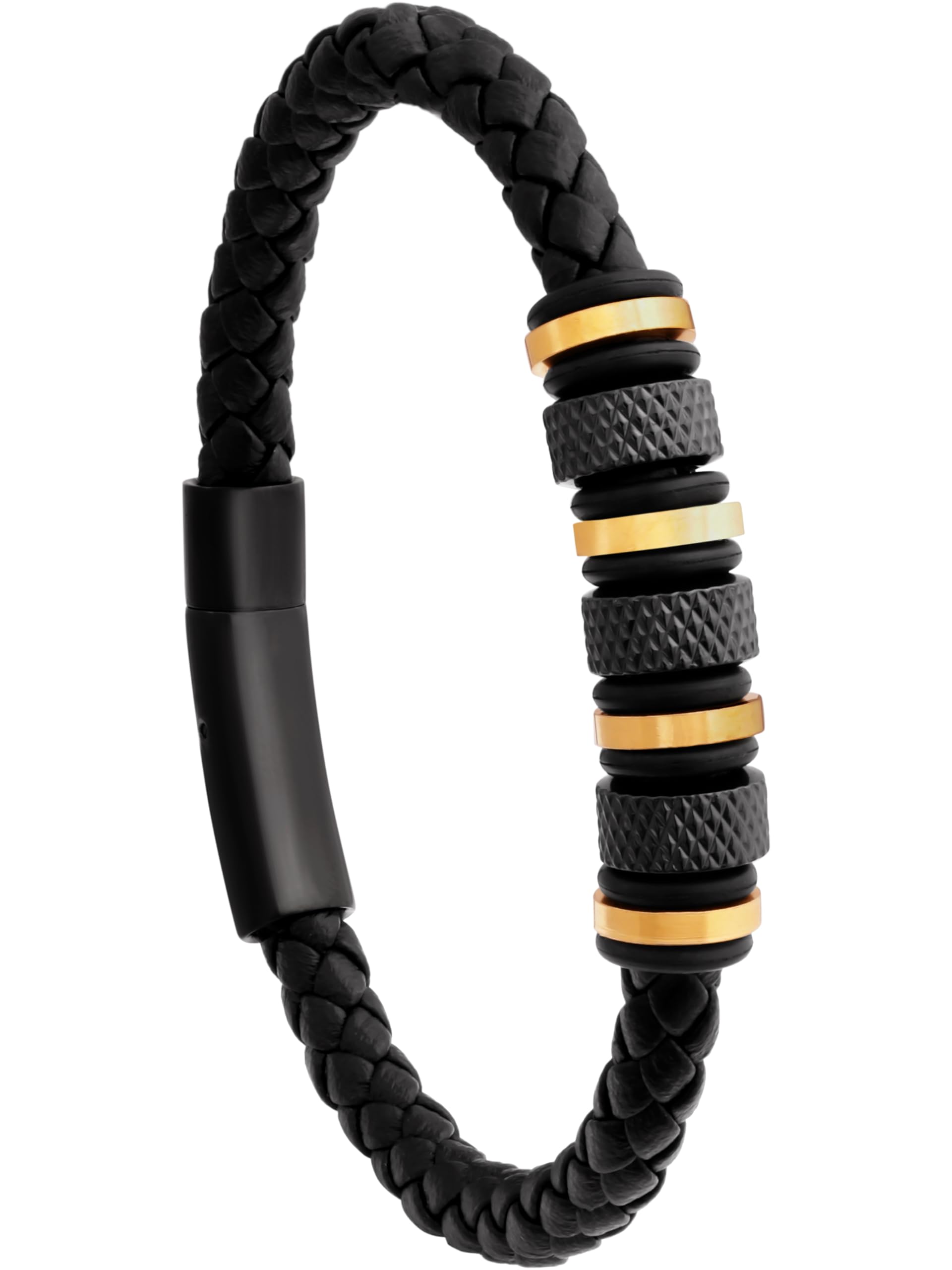 Pulsera de cuero trenzado para hombre de oro negro con dije de acero inoxidable | Regalo ideal para el día del padre para él.., Cuero, No es una piedra preciosa