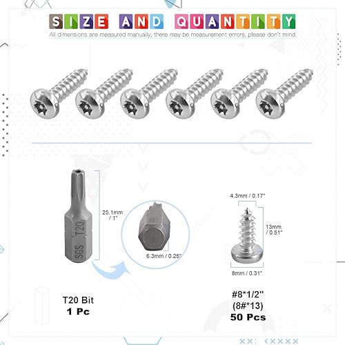 Miniatura 9 de Glarks Juego de 51 tornillos de acero inoxidable para chapa de seguridad Torx de cabeza de botón #8 x 58 pulgadas con broca T20 (50 piezas #8 x 58