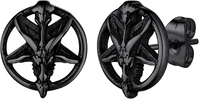 FaithHeart Satan Earrings Baphomet Goat Pentagram/Skull Stud Small Evil Satanic Earring for Men Women Black/Gold Plated/Stainless Steel