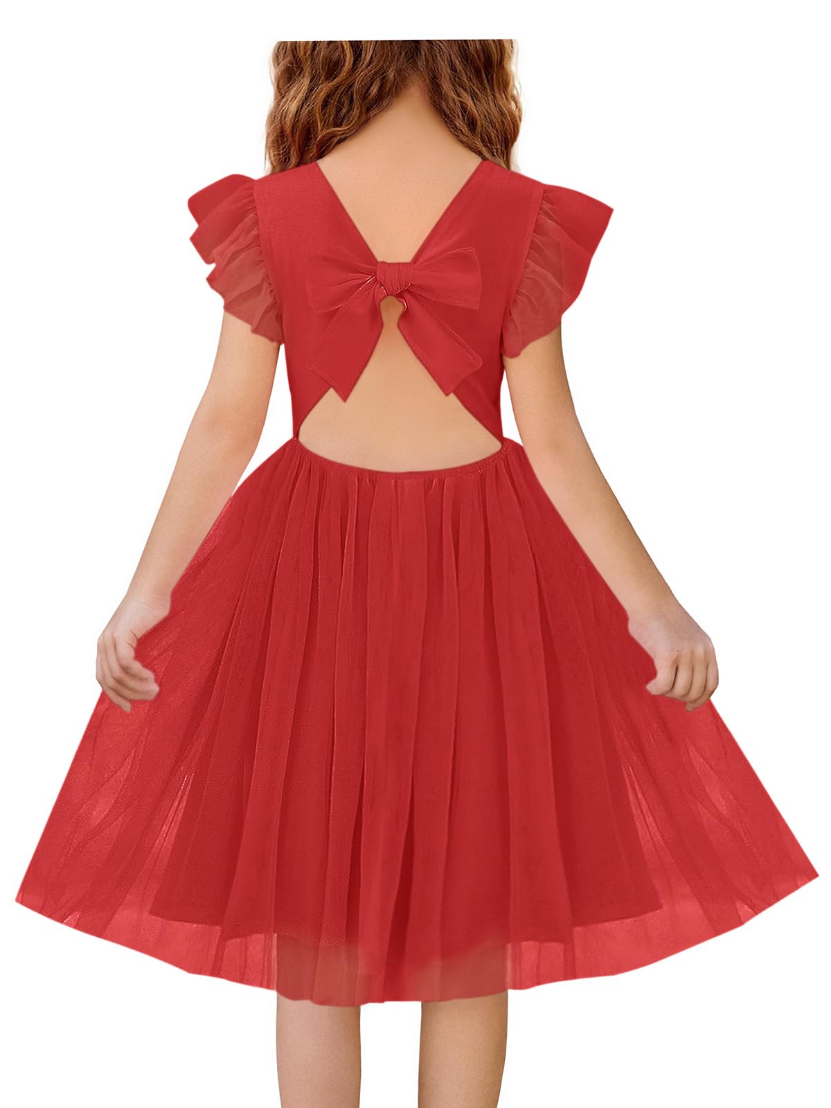 Haloumoning Girls Tulle Dress Kids Summer Backless Flower Girl Dress for Birthday Party 5-14Y