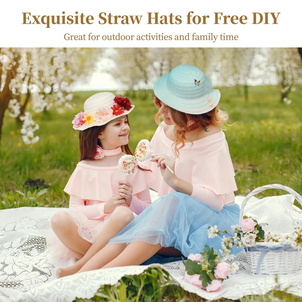 10 cappelli di paglia fai da te con 60 fiori artificiali, set per bambini e adulti, cappelli floreali creativi per travestimento