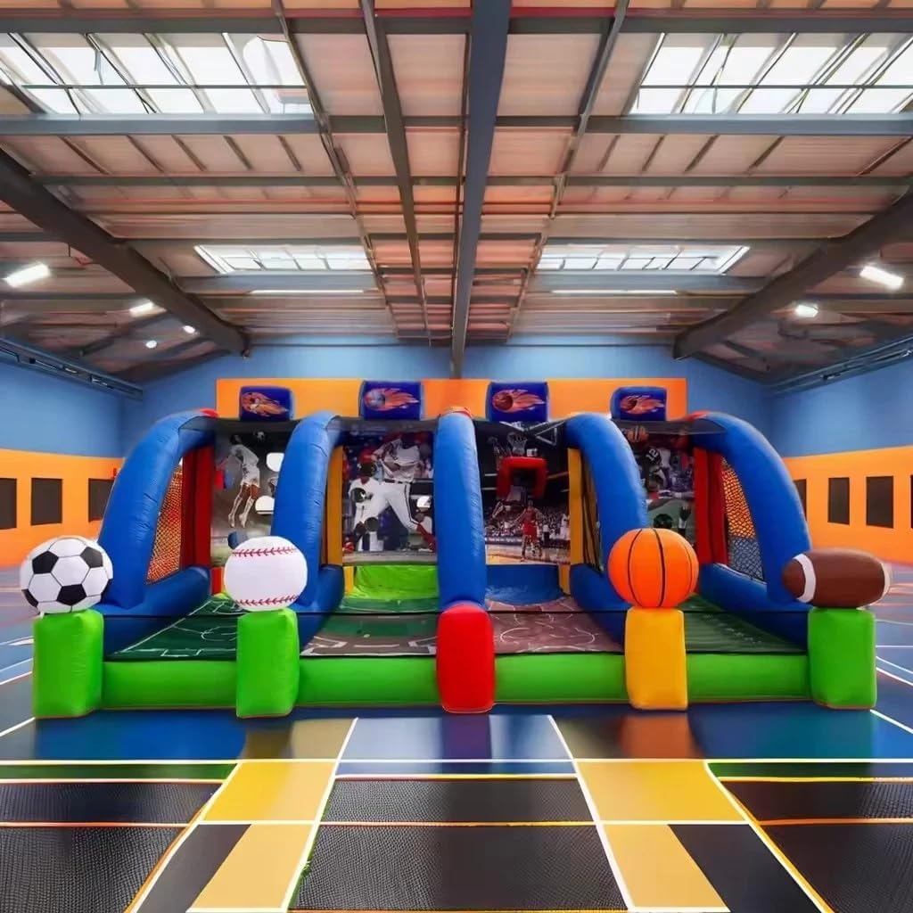 Portable Inflatable Soccer Dart & Basketball Hoop & Baseball & Football Interactive 4-in-1 Multi Sports Play Throwing Game with Blower for Outdoor Party Birthday, Graduation, Business Events