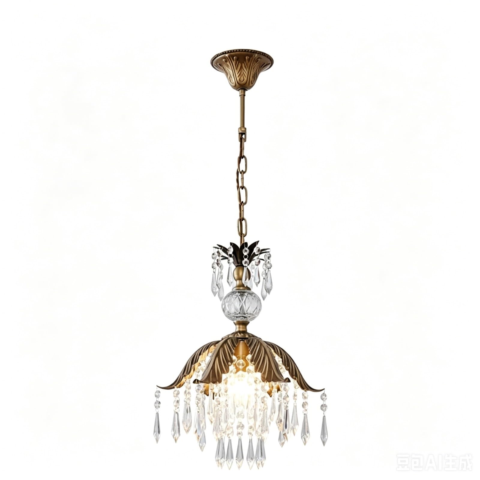 FEITENGDA French Country Crystal Chandelier Single Light Vintage Leaf Crystal Pendant Lighting with Antique Brass Pineapple Accent & Prisms Fixture for Hallway, Bedroom, Foyer
