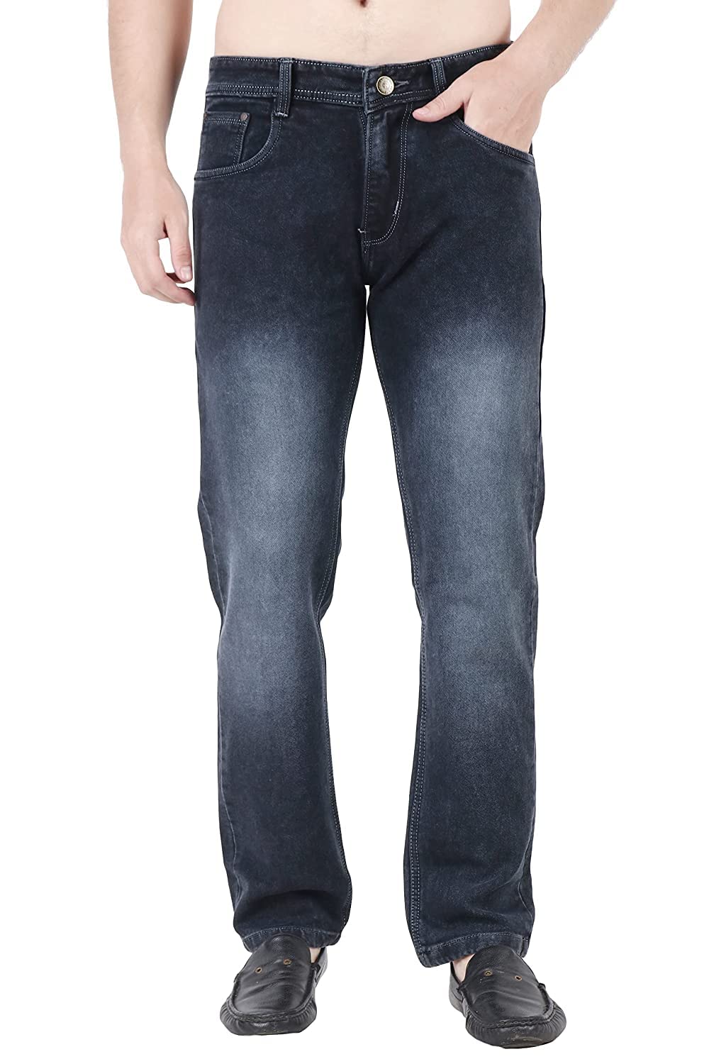 TAR'N'KASH Light Black Mide Rise Stretchable Regular Relaxed Straight Fit Loose Denim Jeans for Men