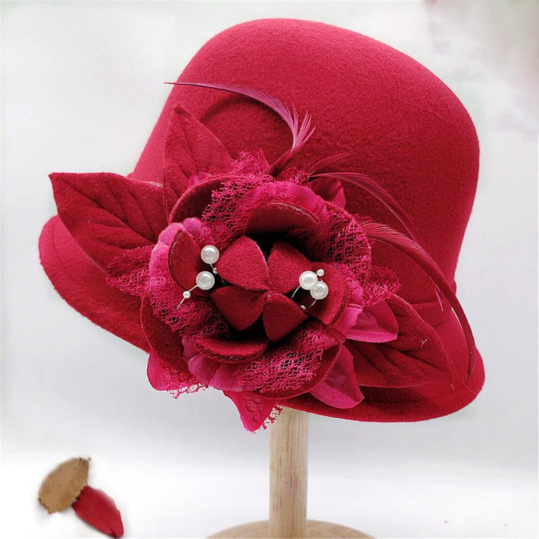 Lmtossey Cappello da Donna Cappello Stile Francese Cappello da Festa Caldo Cappello A Cilindro con Ornamento di Fiori di Piume