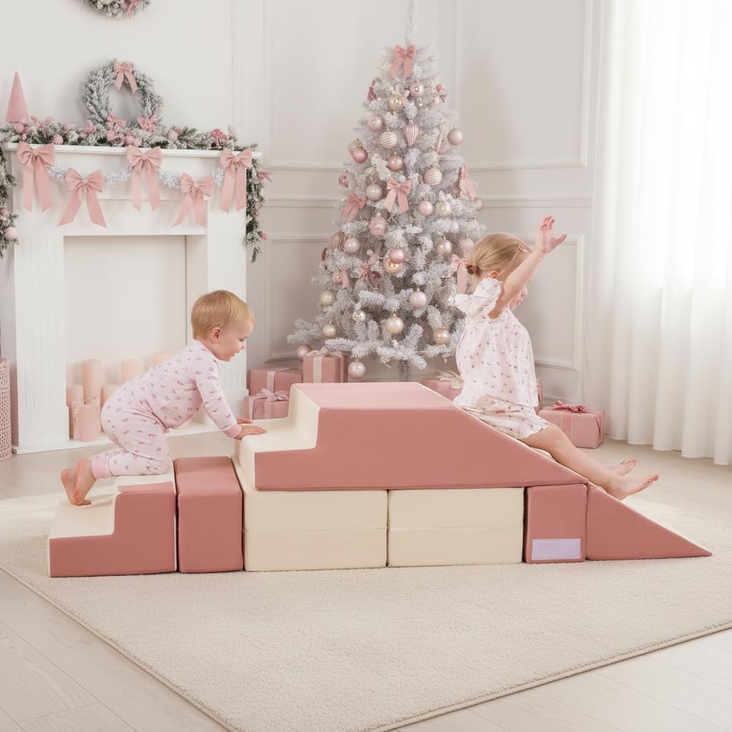 Toddler Foam Climbing Blocks|Modular Kids Soft Play Couch Sofa with 2 Ottomans Indoor,Baby Crawling & Sliding Foldable Soft Play Set with Stair,Beige & Pink