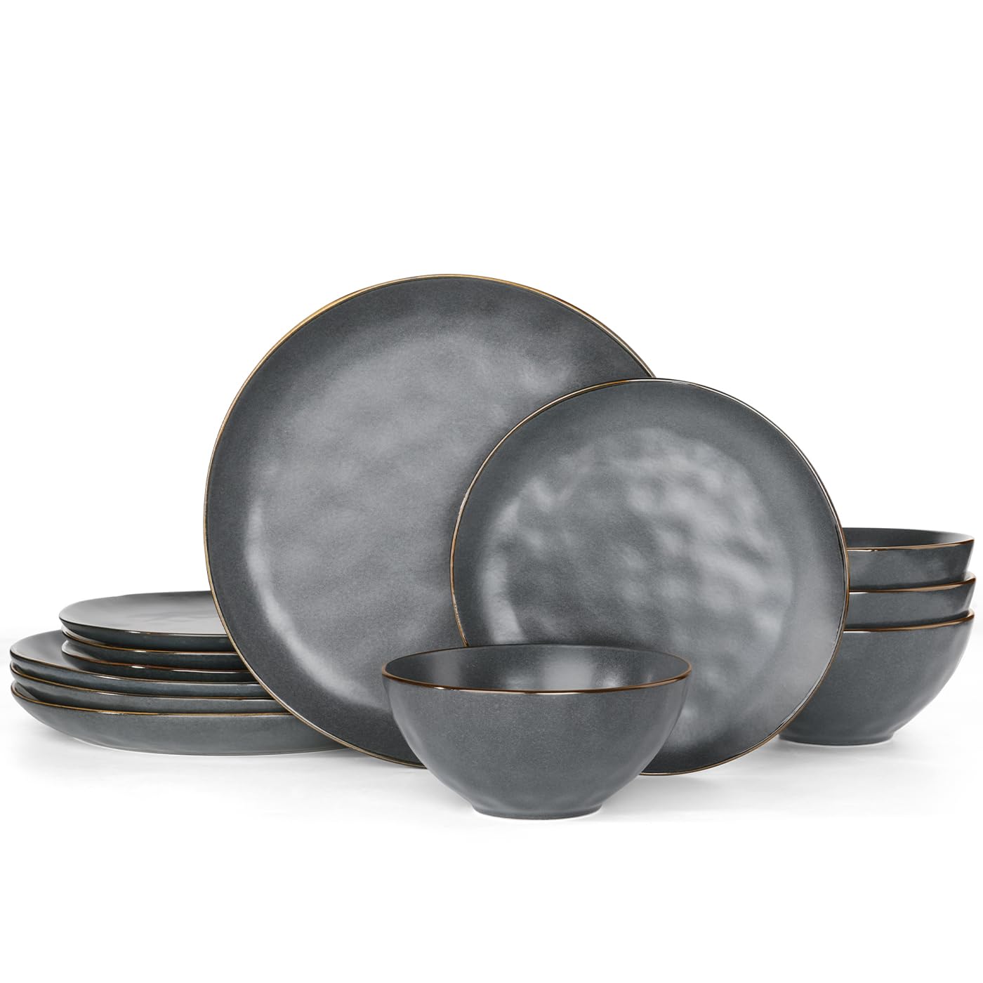 Famiware Service de table pour 4 personnes, océan rond, 12 pièces, noir mat