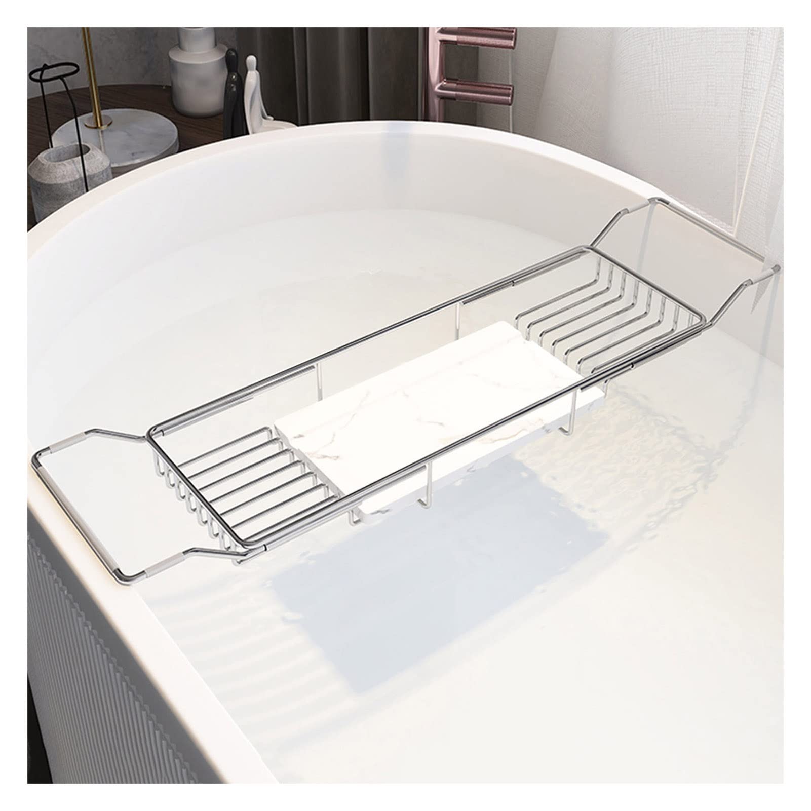 Bandeja extensible de acero inoxidable para bañera con tabla de cortar de mármol, se adapta a la mayoría de bañeras independientes, elegante diseño plateado y blanco para una máxima relajación en el