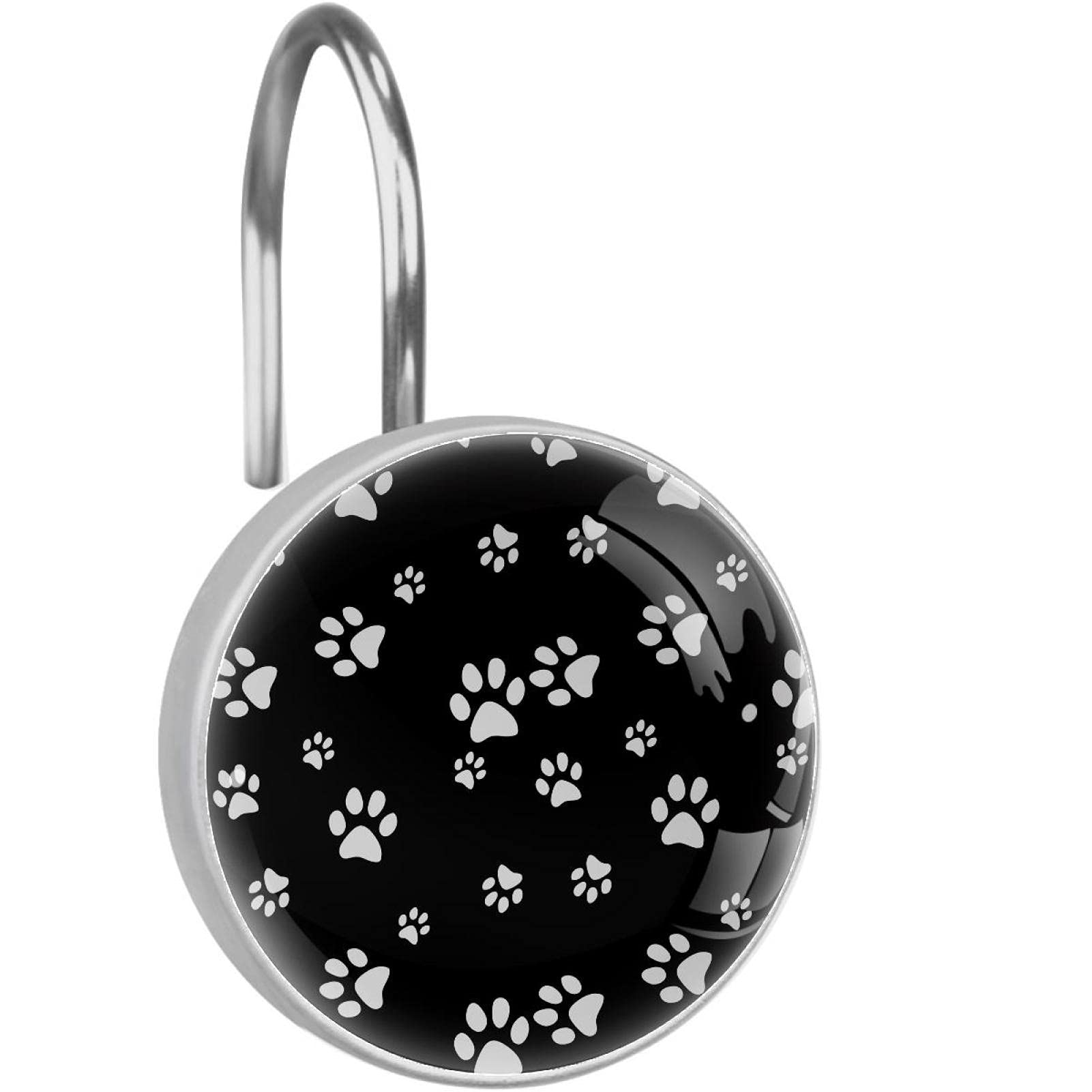Crochets pour rideau de douche lot de 12 anneaux inox à motif pattes blanches sur fond noir