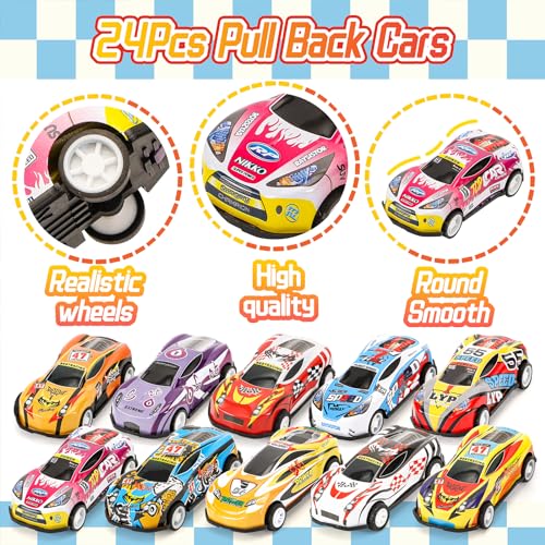 SevenQ Toy Cars for Kids, 24Pcs Race Cars Pull Back Cars Playsets with Storage Bags,Party Favors Kids Prizes Fillers Bulk Gifts for Boys and Girls Car Game Treasure Chest - Thumbnail 3
