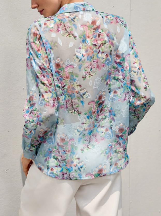 Image of Women Shirt || Women Top ||Floral Print Polo Collar Shirt, Casual Long Sleeve (S-26-28)