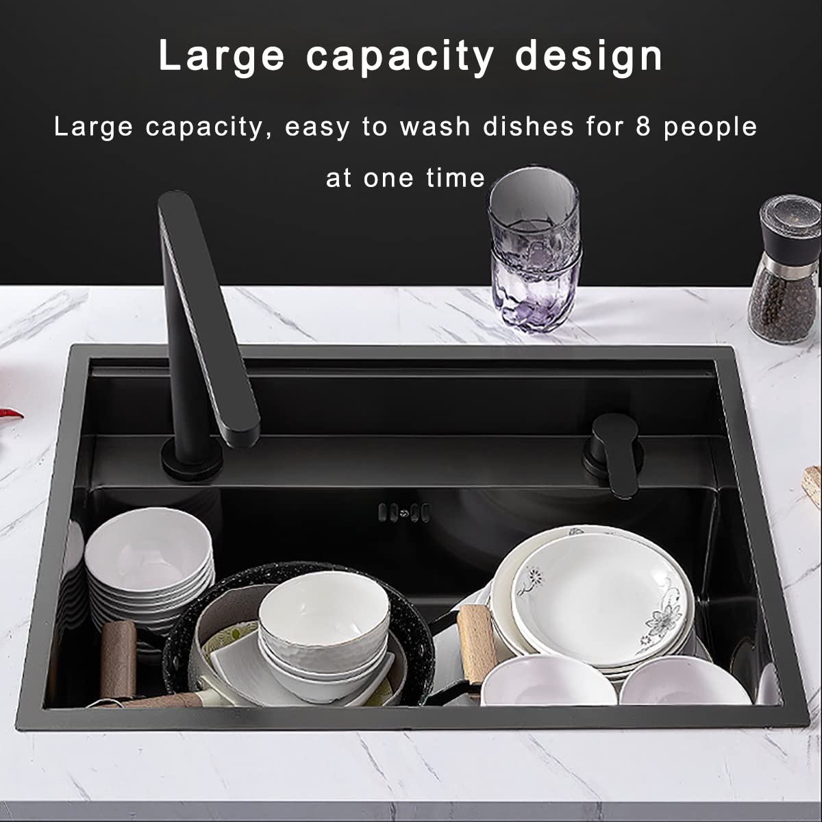 Lavello da Cucina, Lavello Nascosto in Acciaio Inox A Una Vasca con Kit di Scarico, Lavelli da Cucina Sottotop Antiruggine per Bar O Cucina, Nero 65 * 45 Cm