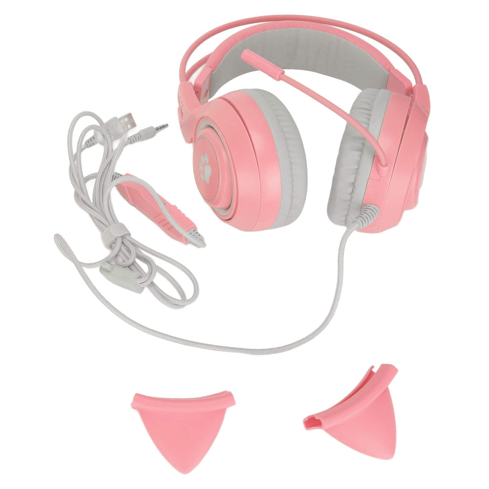 Elprico Auriculares para Juegos, Oreja de Gato Desmontable USB + Enchufe de 3,5 Mm Auriculares para Juegos Compatible con Ajuste de Volumen Micrófono Silenciado para PS4, para Xbox One(Rosa)
