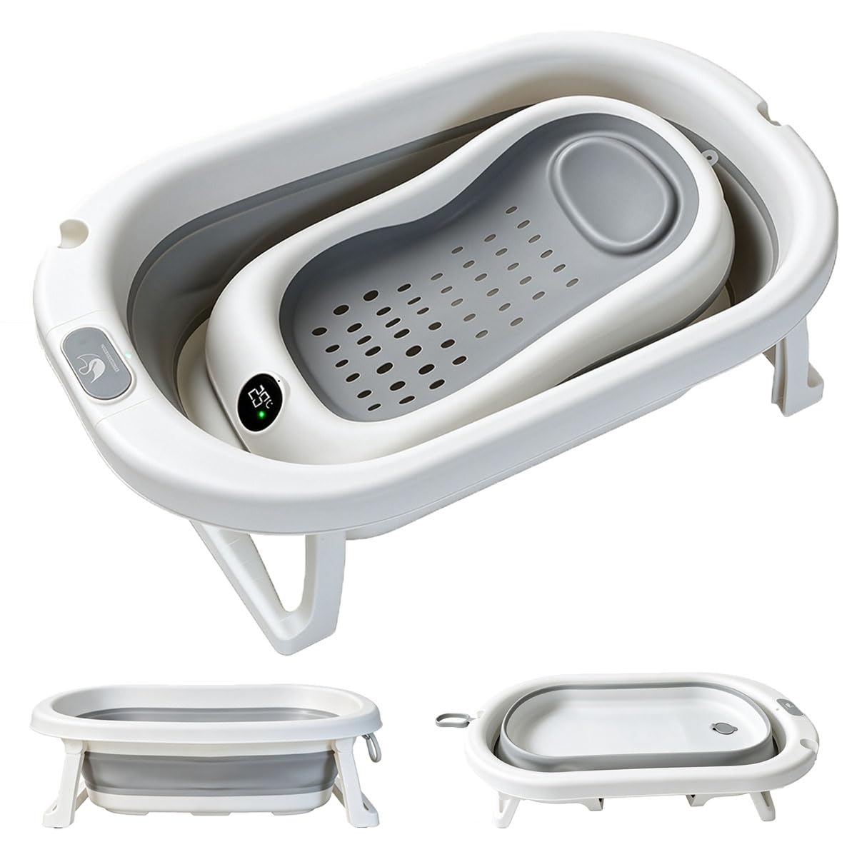 Bañera plegable para bebé, termómetro impermeable integrado, estructura reforzada estable sin tambalearse, gran drenaje rápido, soporte aislado en el suelo, forma redonda ergonómica