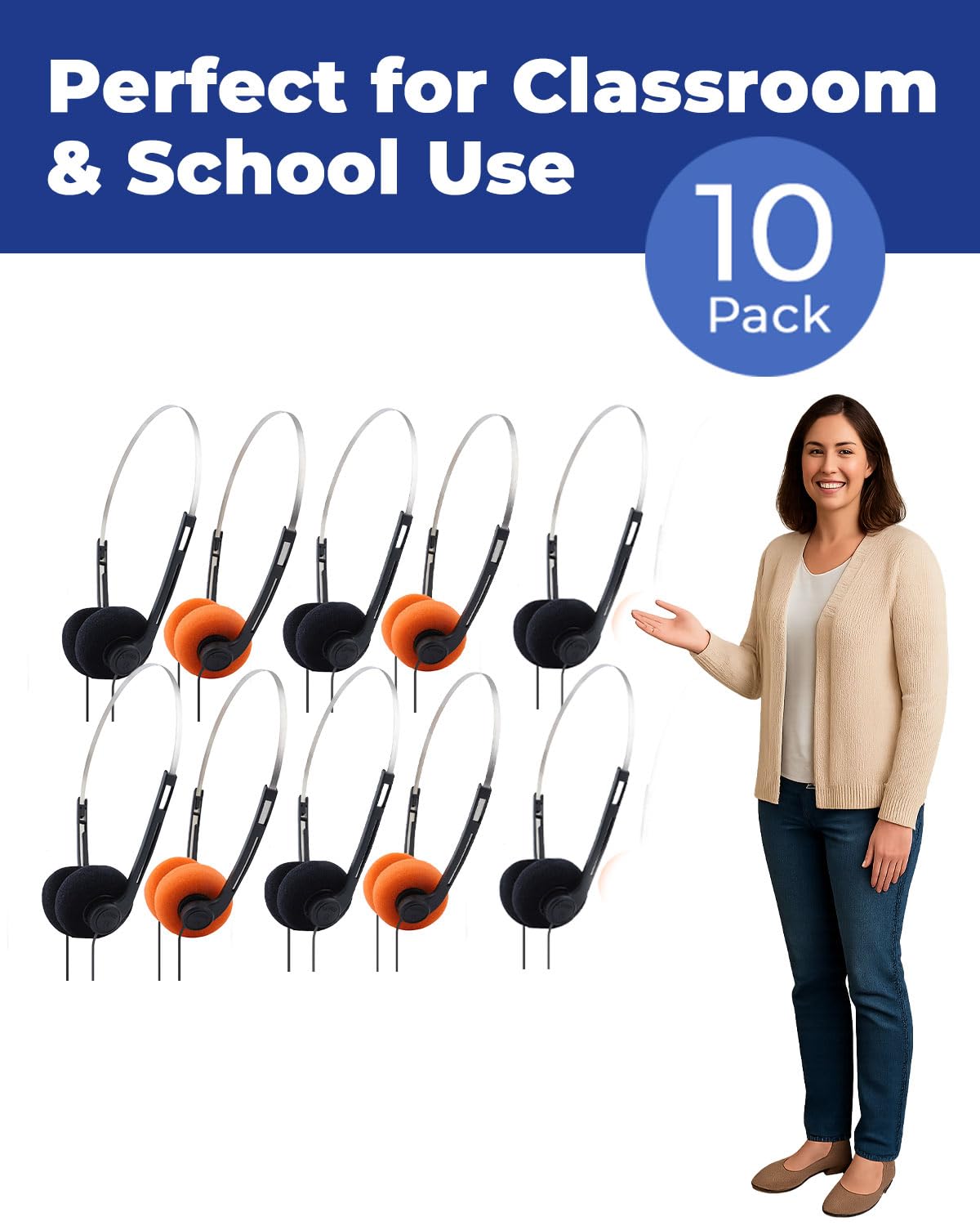 Confezione da 10 cuffie per studenti scolastici, cuffie sfuse con jack da 3,5 mm, comodi cuscinetti morbidi, archetto regolabile, cavo anti-groviglio da 1,2 m, per computer, tablet e laptop