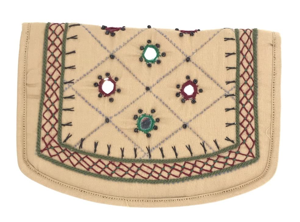 srishopify handicrafts Women's Hand Purse Banjara Traditional Hand Poches Cotton Clutch Purse for Girls Wallet (6.5 Inch Small Purse Mirror, Beads and Thread Work Handcraft) (Beige)-picture-52
