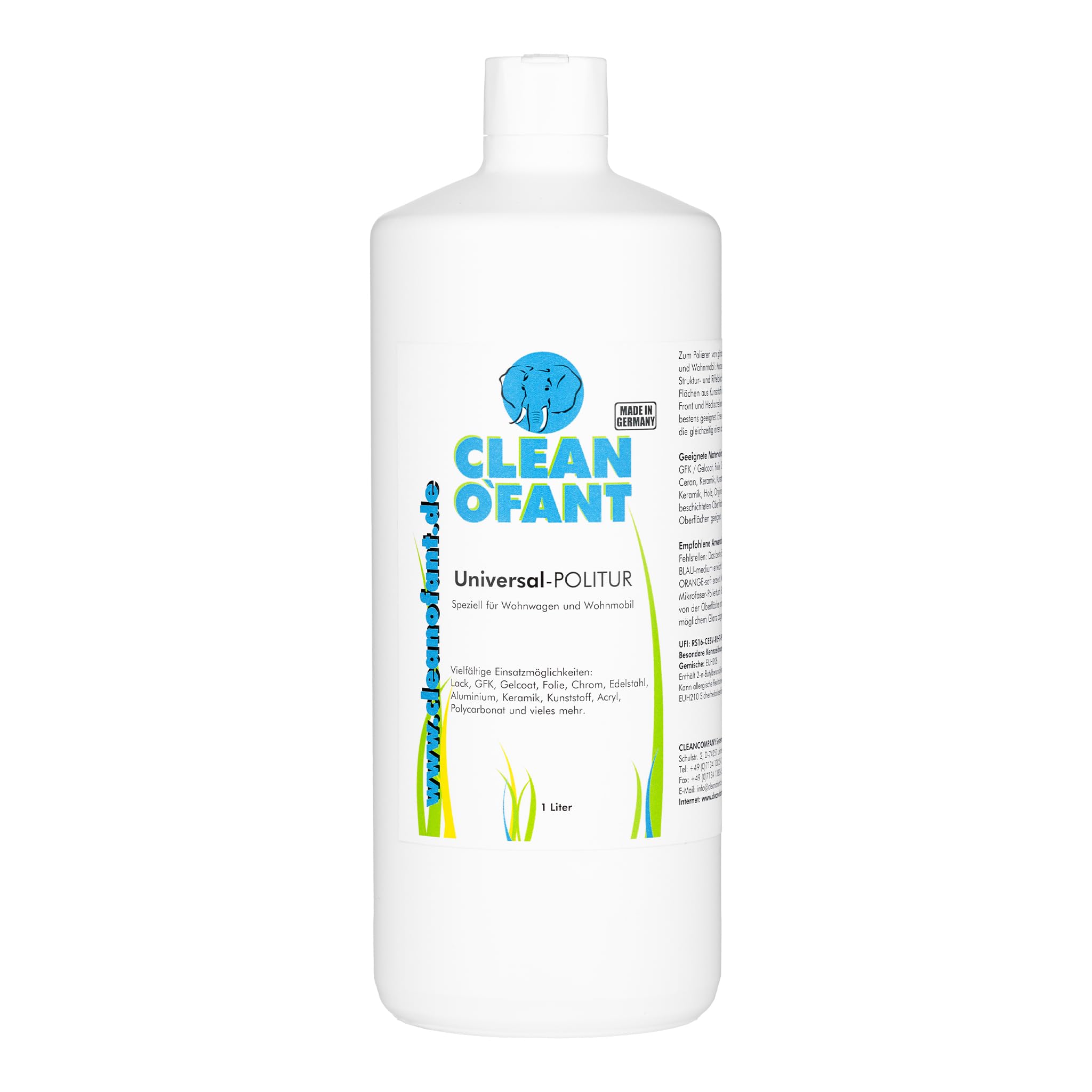 CLEANOFANT Universal POLITUR 1 Liter Wohnwagen & Wohnmobil | Entfernt Kratzer & Gebrauchsspuren - Für Lack, GFK & Gelcoat - Silikonölfrei - Made in Germany