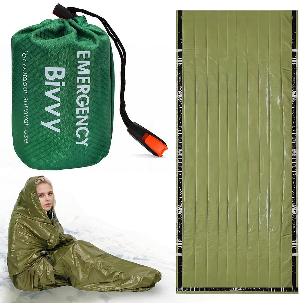 Emergency Survival Sleeping Bag, Reusable Emergency Bivy Sack, Thermal Waterproof Bivvy Bag with Whistle, for Cold Protection Outdoor Camping Hiking First Aid (‎Green)