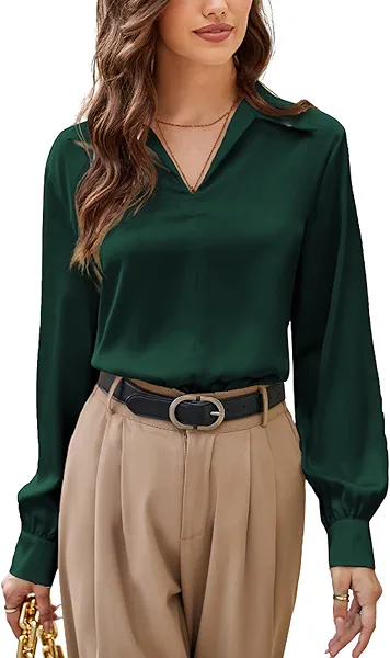 GRACE KARIN Business Casual Tops for Women Satin Silk Blouse Collared V Neck Long Sleeve Work Shirts Dressy Tops Fall Clothes