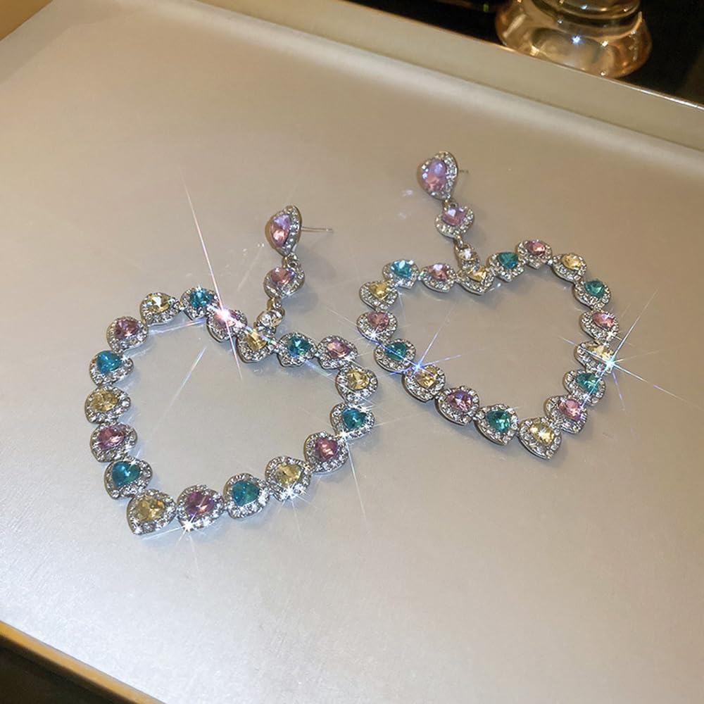 Xerling Hollow out Multi-colored Rhinestone Big Heart Earrings Crystal Heart-shaped Earrings for Women - Image 6