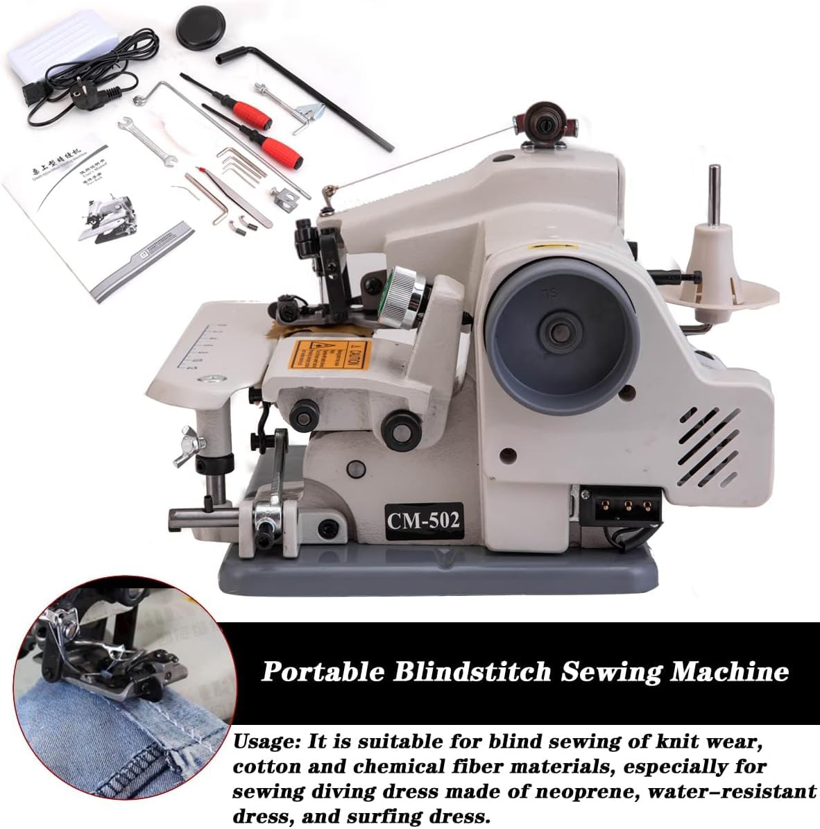RM-500 Tragbare Blindstich-Nähmaschine Sewing Machine, Desktop-Blindstich-Säumer mit unsichtbarem Saum, Schneider, Nadeln und Nähsteuerungspedal,220V 1200 Stiche/min