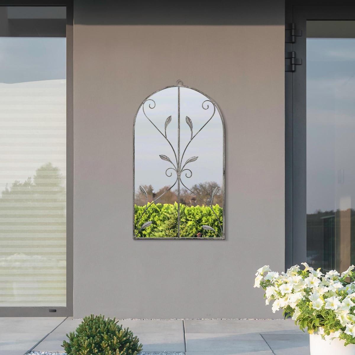 MirrorOutlet Arched Garden Mirror - Grey Metal Frame - Concrete Colour - 31" x 18" (80 x 46cm)