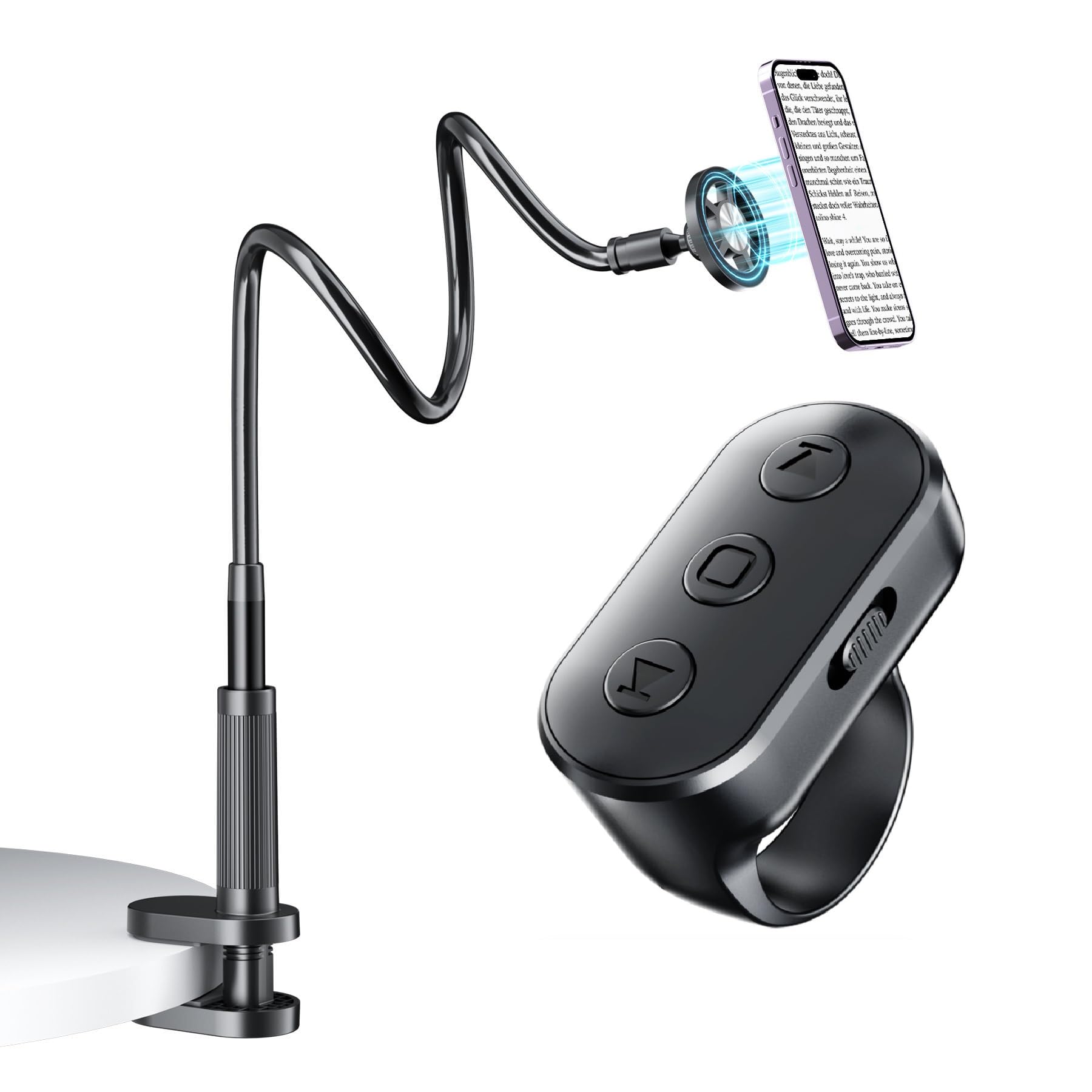 Supporto magnetico per telefono da letto sdraiato con girapagine, supporto per telefono cellulare a collo di cigno con clicker da lettura, braccio lungo flessibile a 360° con anello di