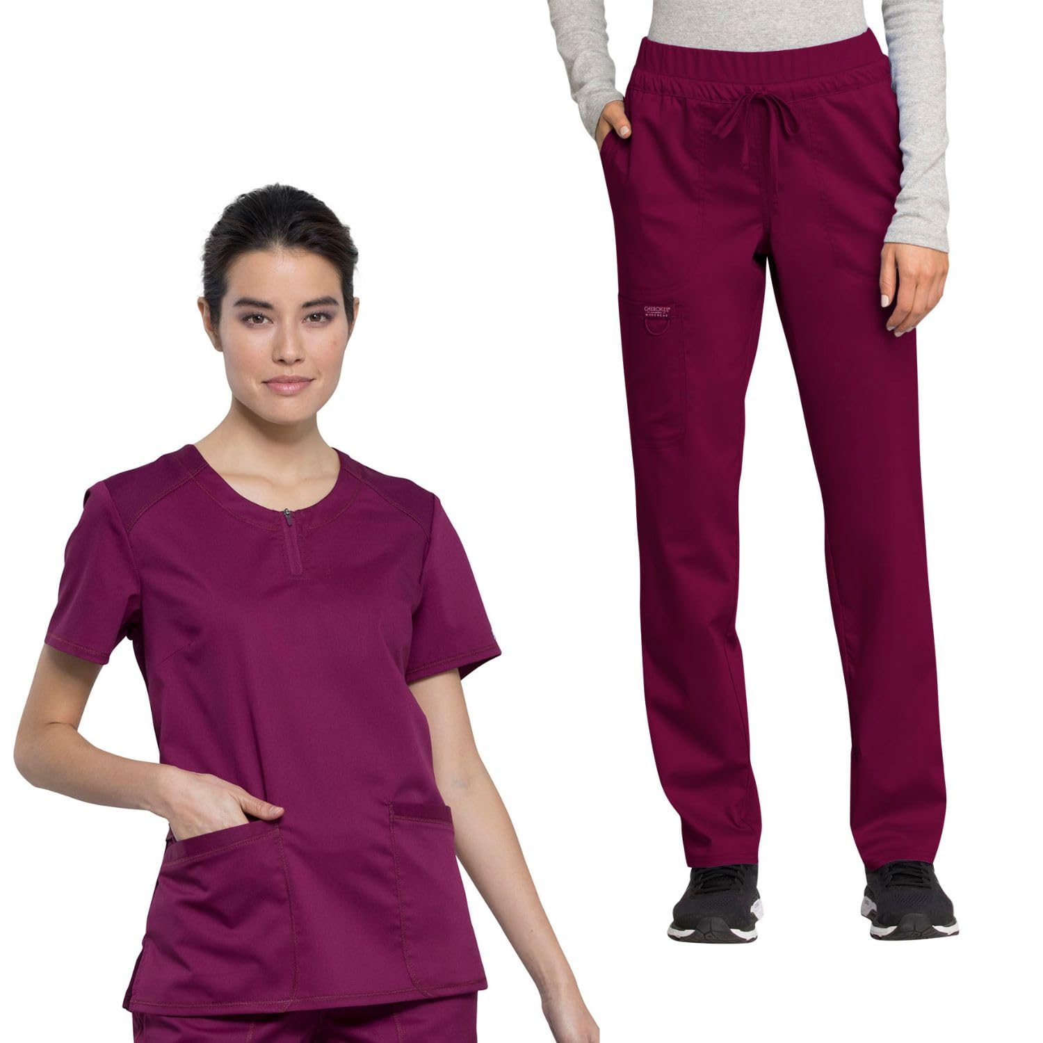 Cherokee WW105 - Conjunto de ropa quirúrgica para mujer con cremallera y cuello redondo WW602, tiro medio, pierna cónica, pantalón médico con cordón