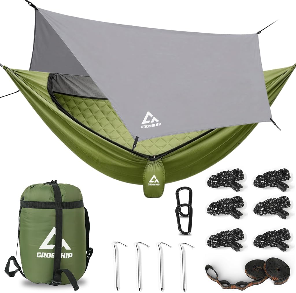 Camping Hammock with Mosquito Net with Built-in Underquilt - Built-in Quilt for Lightweight Soft Warm 4 Seasons, Great for Hiking Backpacking Camping Travel(Hold Up to 500lbs) - Olive Green