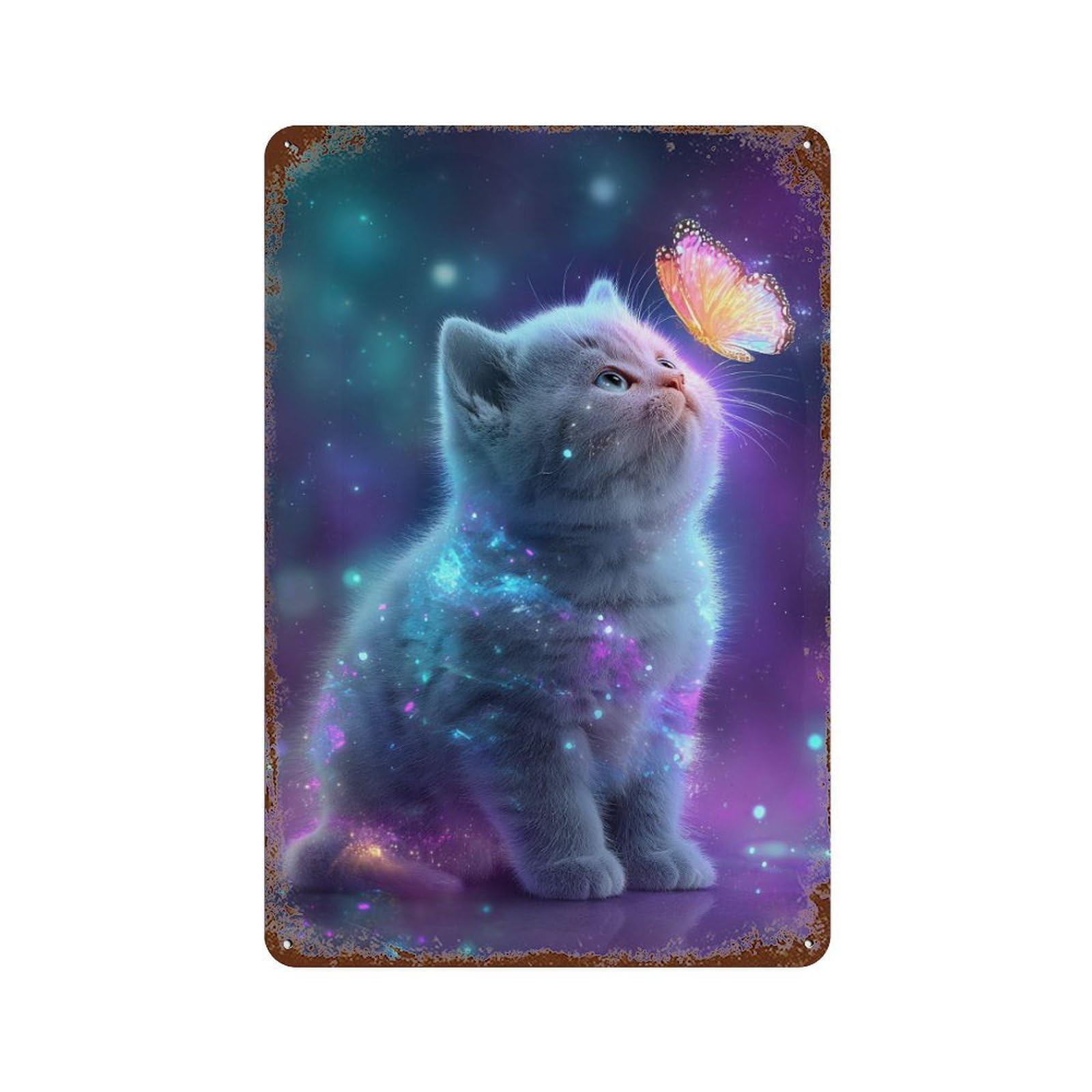 Magical Kitten with Butterfly Retro Metal Sign 11.8"x7.9", Shabby Chic Decor for Bistro, Counter And Cafe Decor