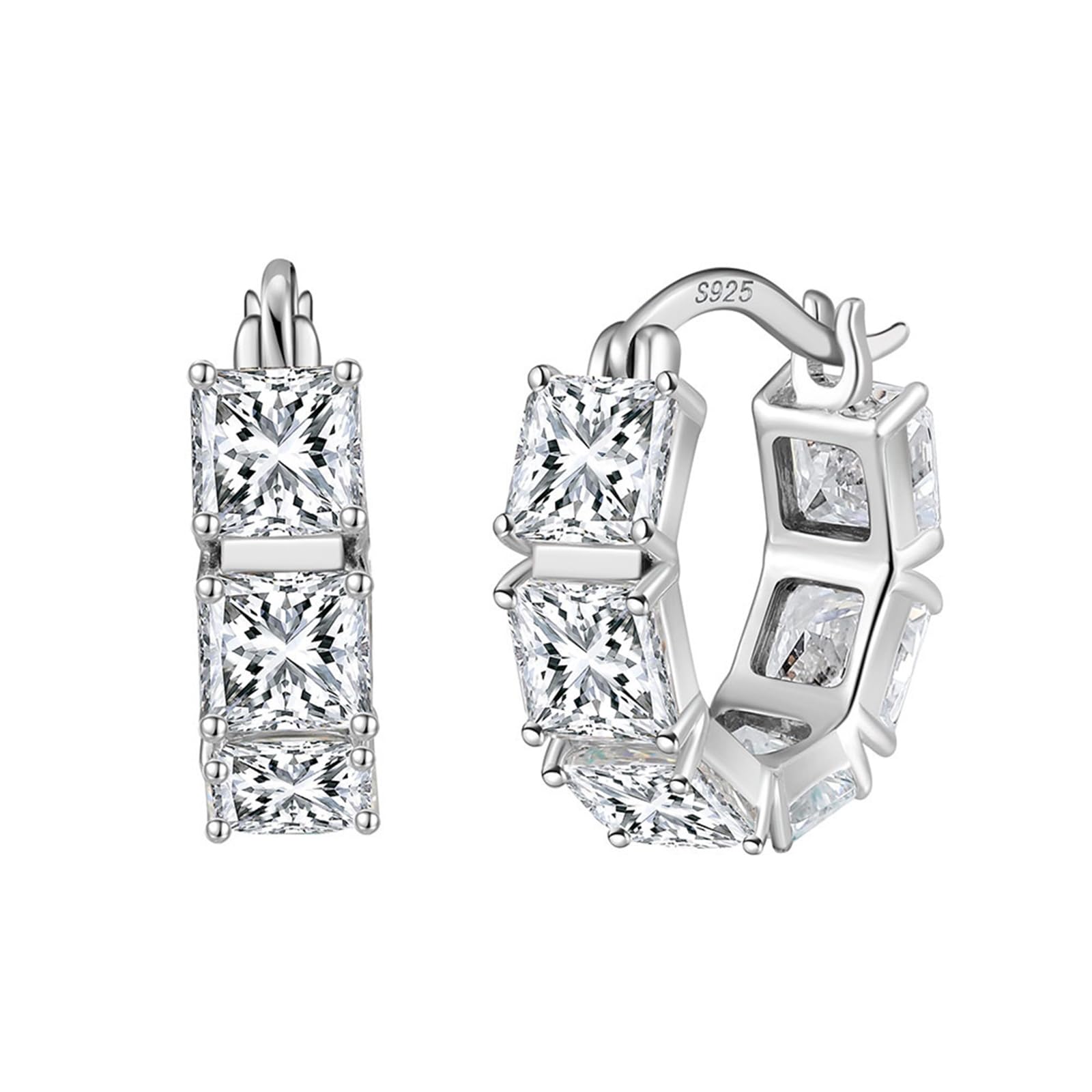 KnSam Damen Ohrringe S925 Sterling Silber, Hoop Creole Ohrringe Frauen mit Zirkonia Quadrat, Ohrstecker Klein Sterlingsilber für Damen, Silber