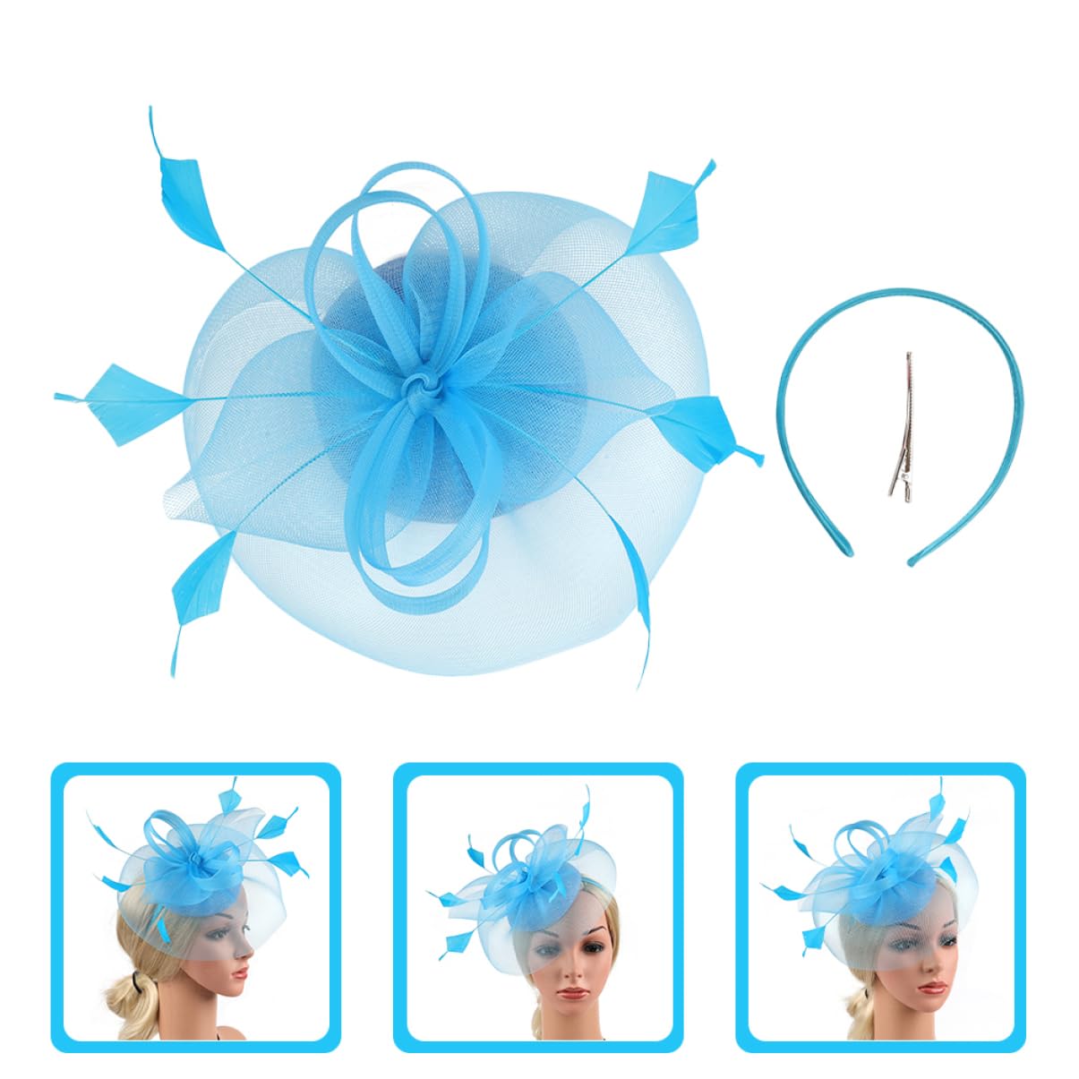 minkissy 4pezzi Fascinator Rete Fiore e Piume Copricapo Elegante per Matrimoni e Tea Party Accessorio Femminile per Cerimonie e Feste Lago