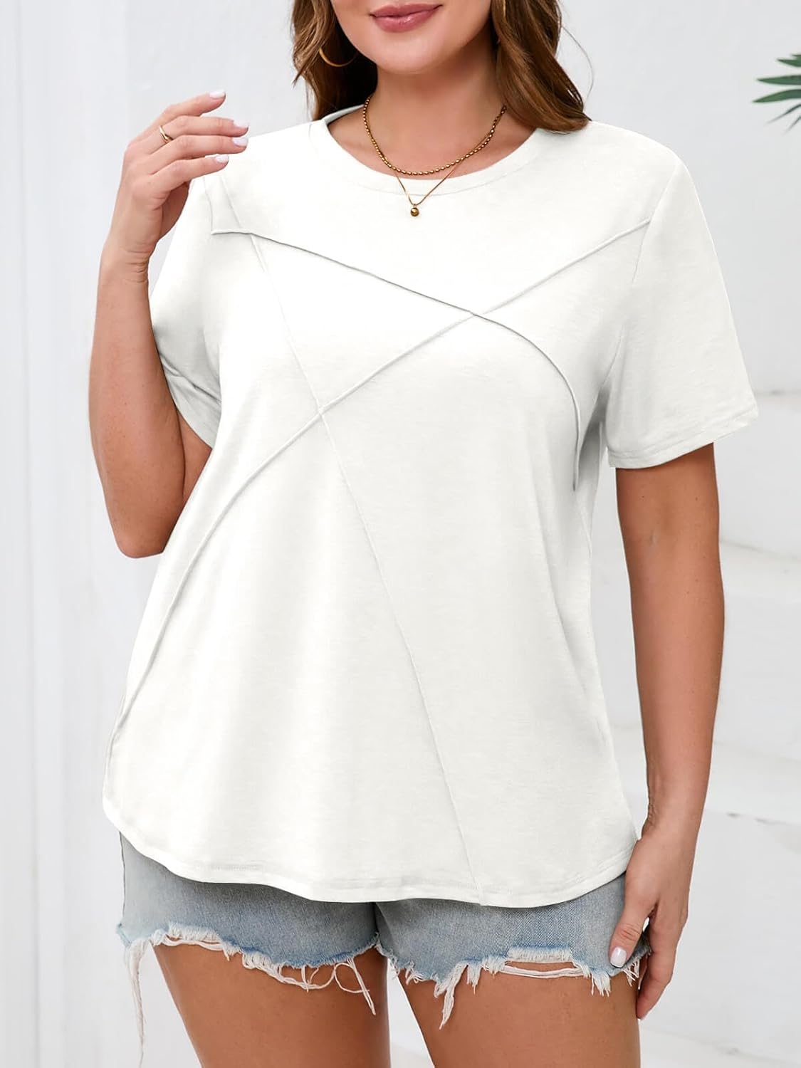 Fisoew Womens Plus Size Short Sleeve T Shirts Summer Casual Loose Fit Tees Crew Neck Curvy Tunic Tops - Image 2