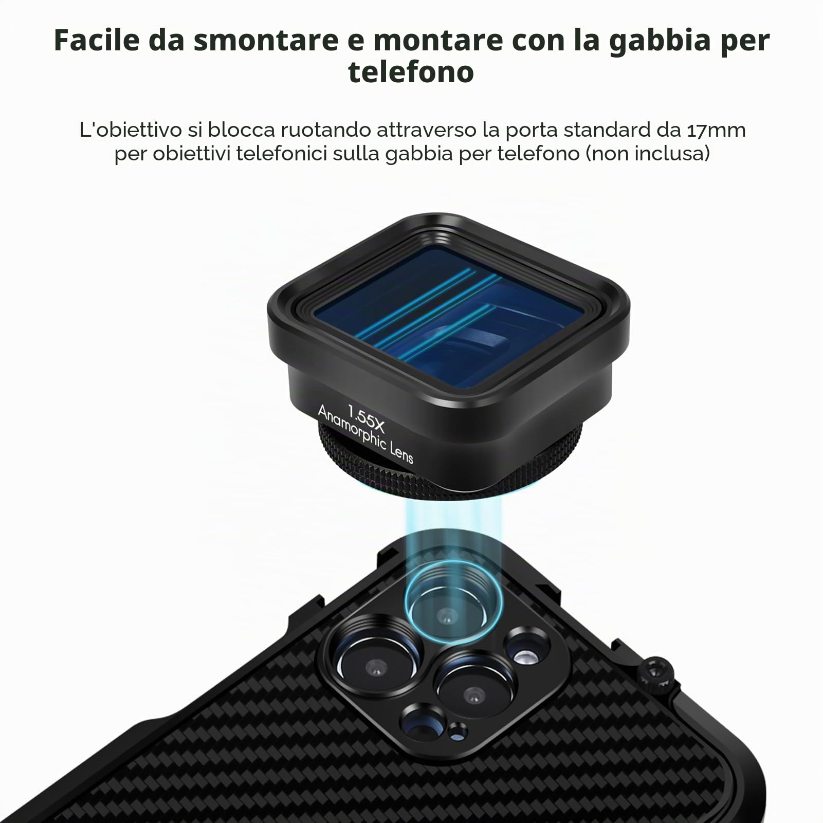 Andoer Obiettivo cinematografico anamorfotico per smartphone, deformazione 1,55x, clip universali, borsa trasporto