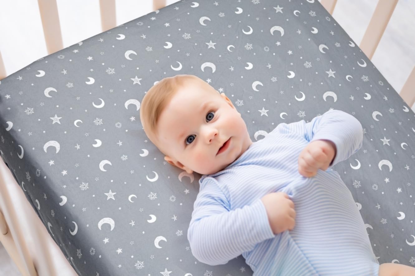 4 Pack Crib Sheets Star and Moon Neutral Unisex Baby Mattress Cover Fitted Crib Sheets Set for Baby Boys or Girls Moon