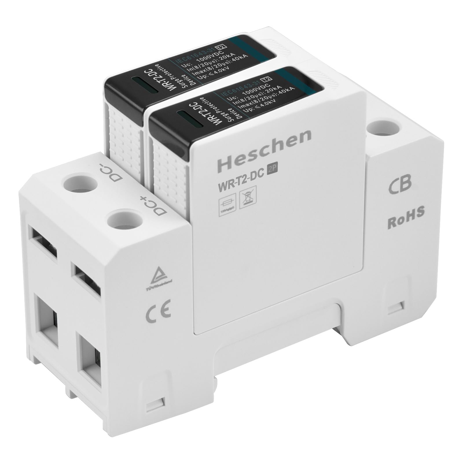 Heschen DC Surge Protection Device for PV, WR-T2-DC, 2P 1000VDC 20kA, T2 Type, Flame Retardant, 35mm DIN Rail Mount, TUV CB Approved