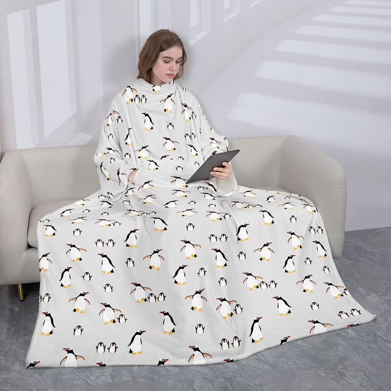 Loussiesd Cartoon Penguin Fleece Blanket with Sleeves for Women Men Adult Kids, Funny Animal Printed Wearable Blanket Throw Wrap, Warm Cozy Extra Soft Sleep Hug Blanket, Gift for Women Mom, 50"x70"