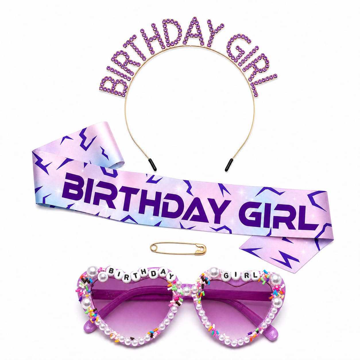 Kit di accessori per compleanno, fascia e accessori per foto per incontri | Fascia viola di compleanno, occhiali da sole e fascia con cuore perlato, accessori per compleanno in stile K