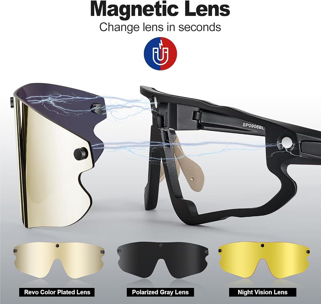 Lunettes De Cyclisme Odoland – Monture Magnétique, 3 Verres (gris Polarisé, Jaune Nuit, PC), UV400, 36g, Ajustables