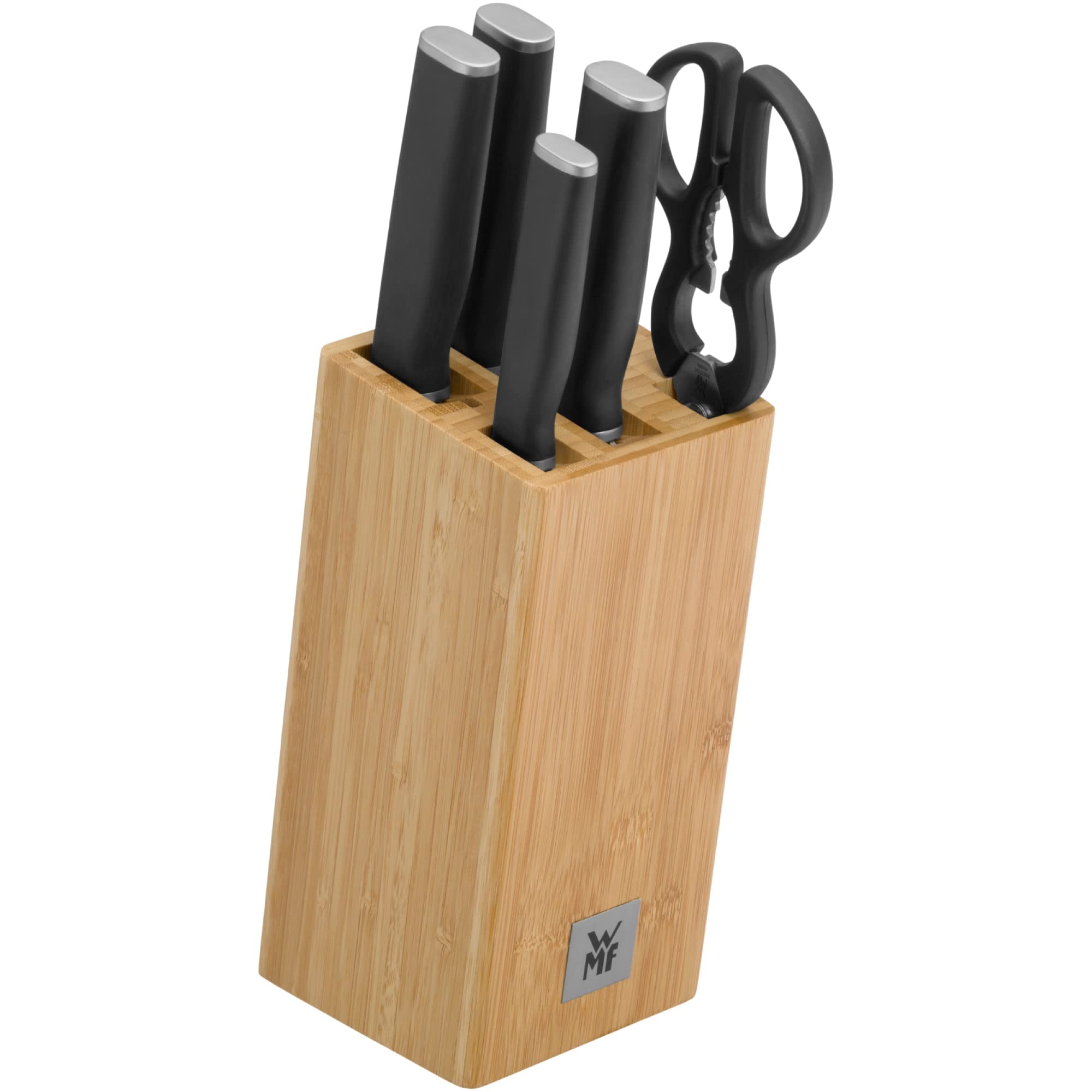 WMF Kineo - Juego 6 Piezas, 4 Cuchillos con Hoja de Acero Templado Especial y Tijeras Multiusos con Soporte FlexTec de Bambú