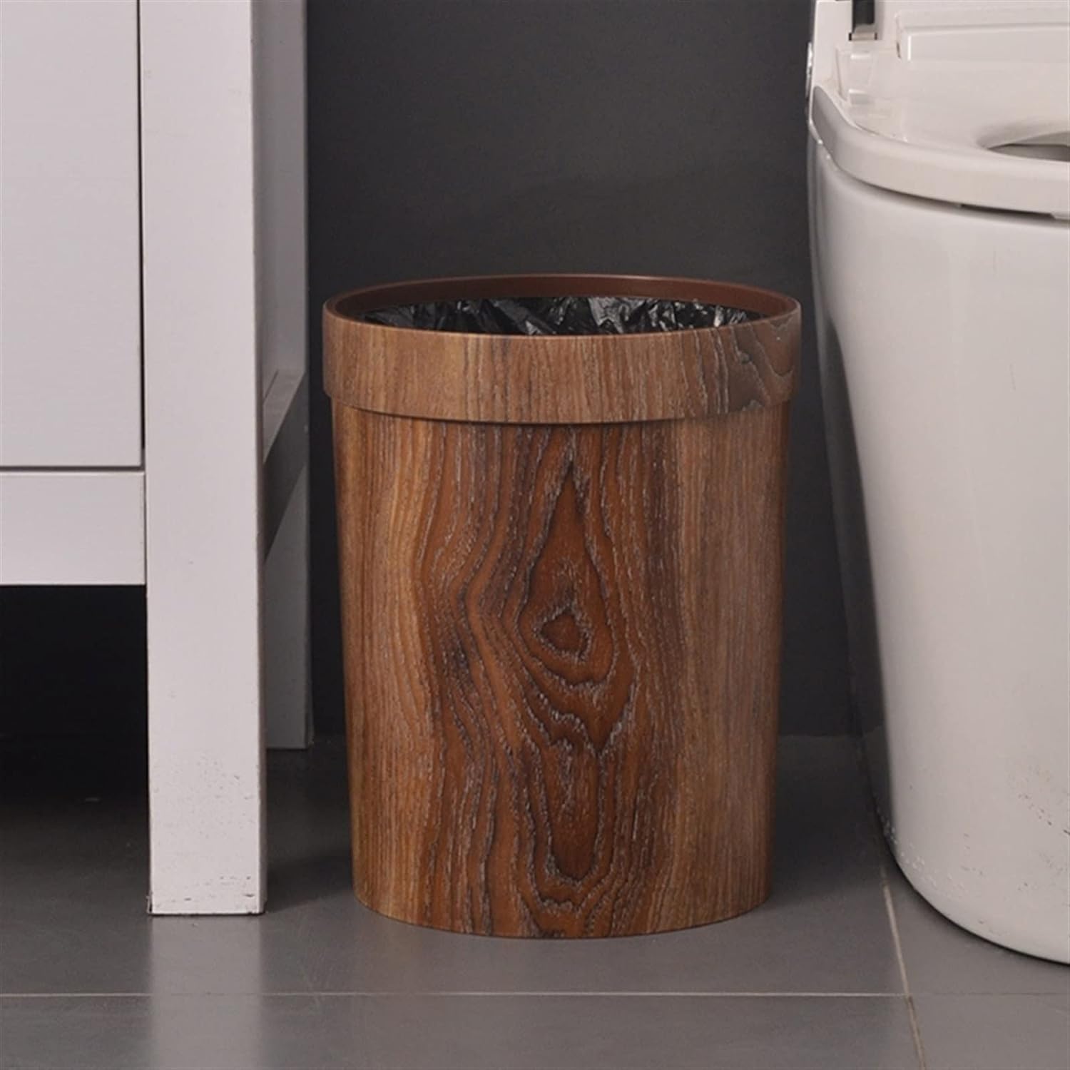 NOLLAM Papelera Bote de basura de grano de madera, contenedor de basura redondo rústico de 10L, papelera de plástico para baño, dormitorio, cocina, hogar y oficina Basurero Cocina