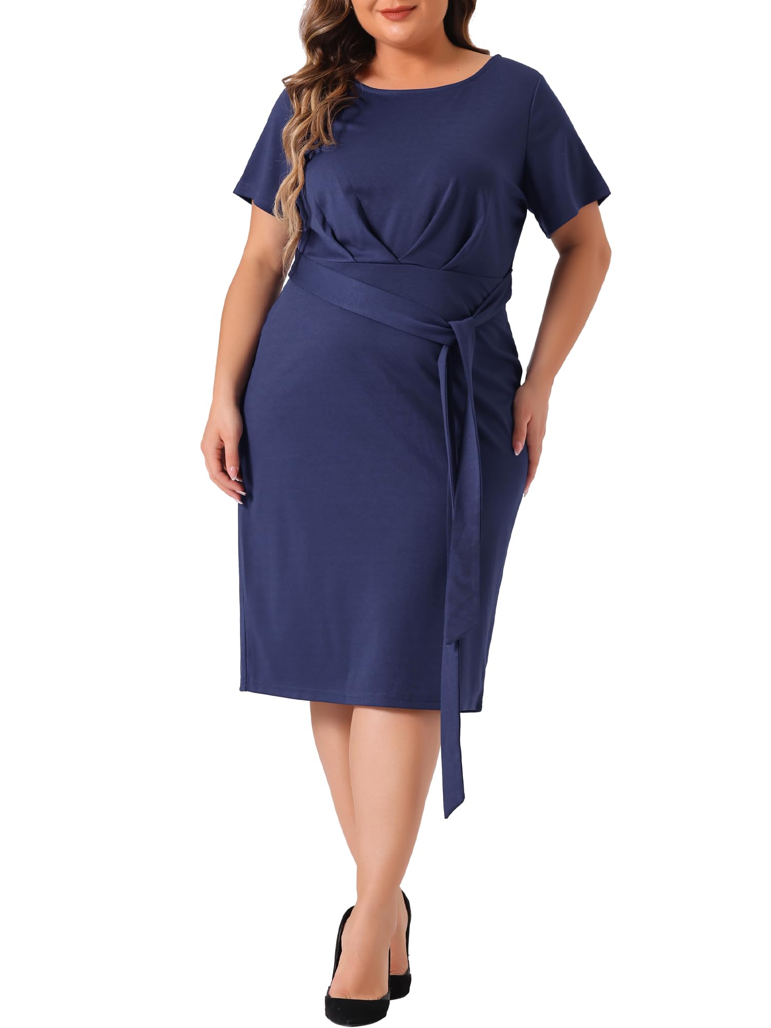 Agnes Orinda Plus Size Dress for Women Round Neck Short Sleeve Belted Knot Tie Midi Dresses