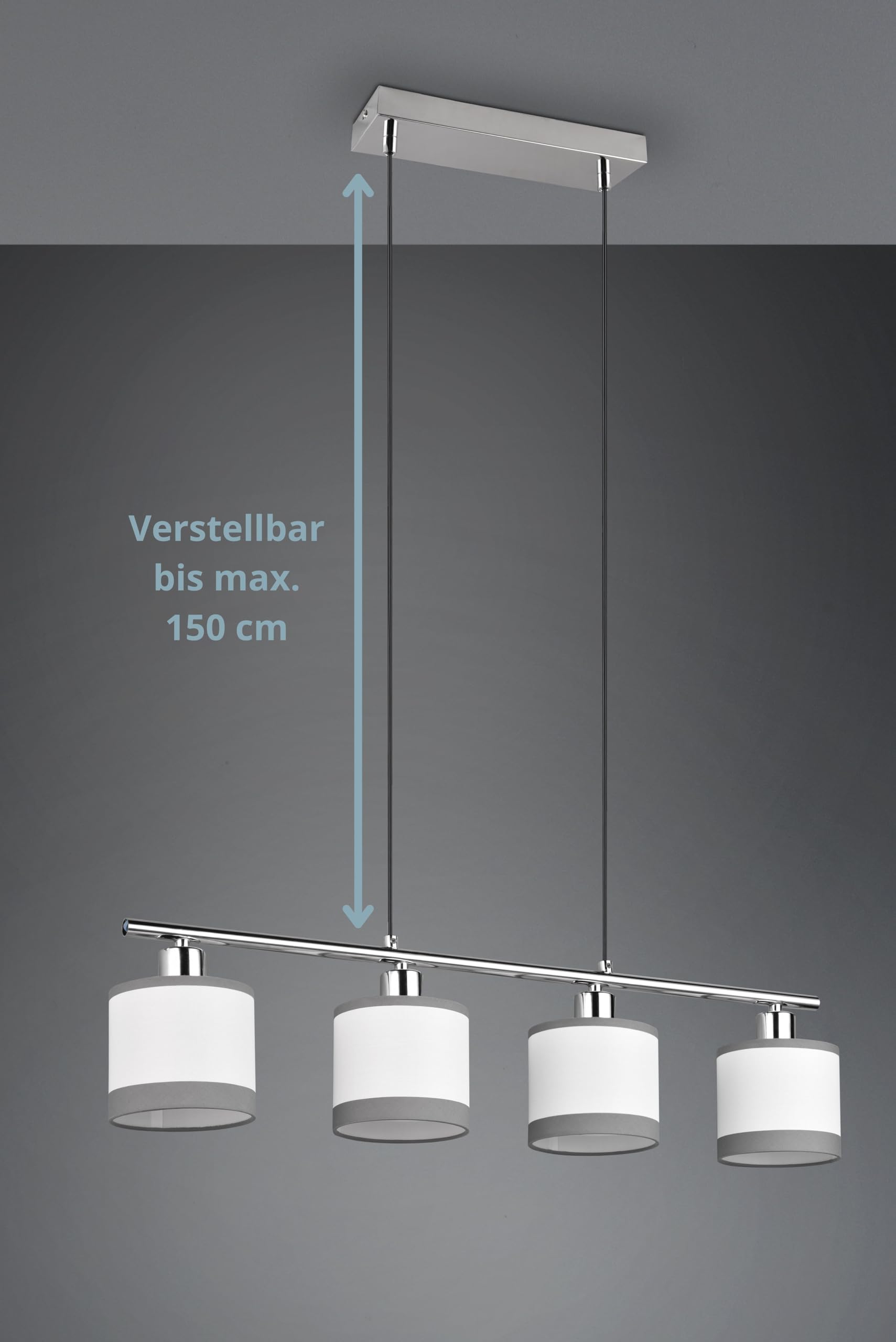 Modern Pendellampe Davis 4-flammig, Höhe anpassbar, Stoffschirm in Weiß, exkl. 4 x E14 max. 10W, Ø 12 cm, Höhe 150 cm, Metall, chrom