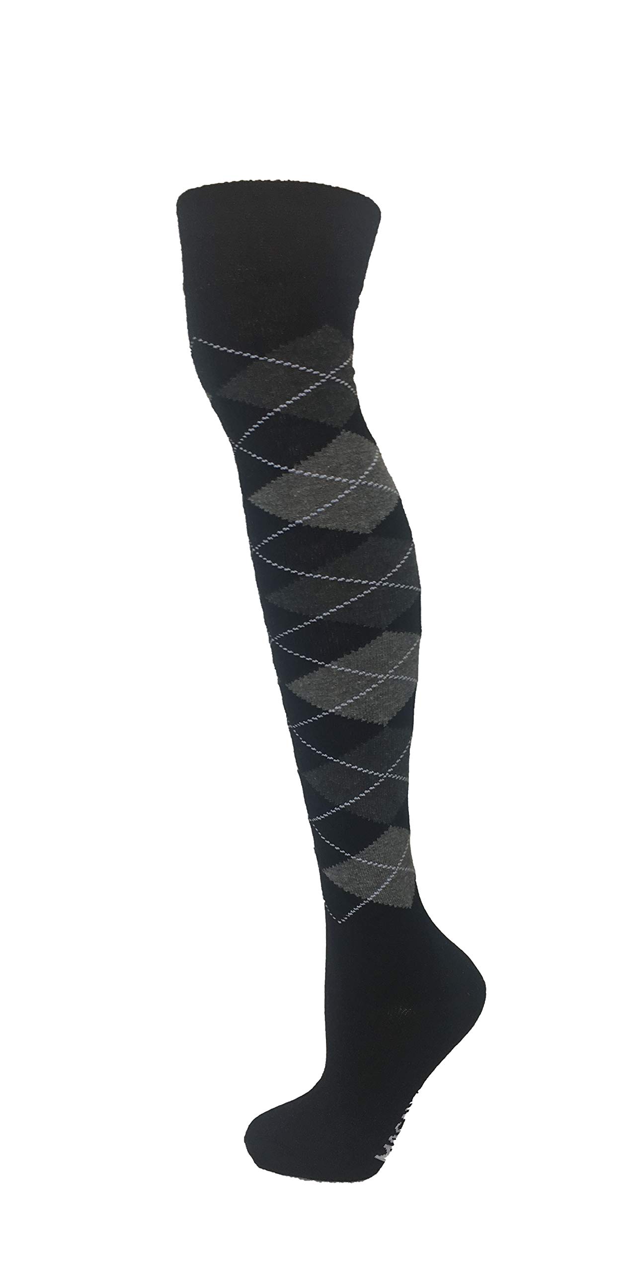 MACAHEL Cotton Rich Over The Knee Argyle Diamond Design Socks (DARK GREY ON BLACK)