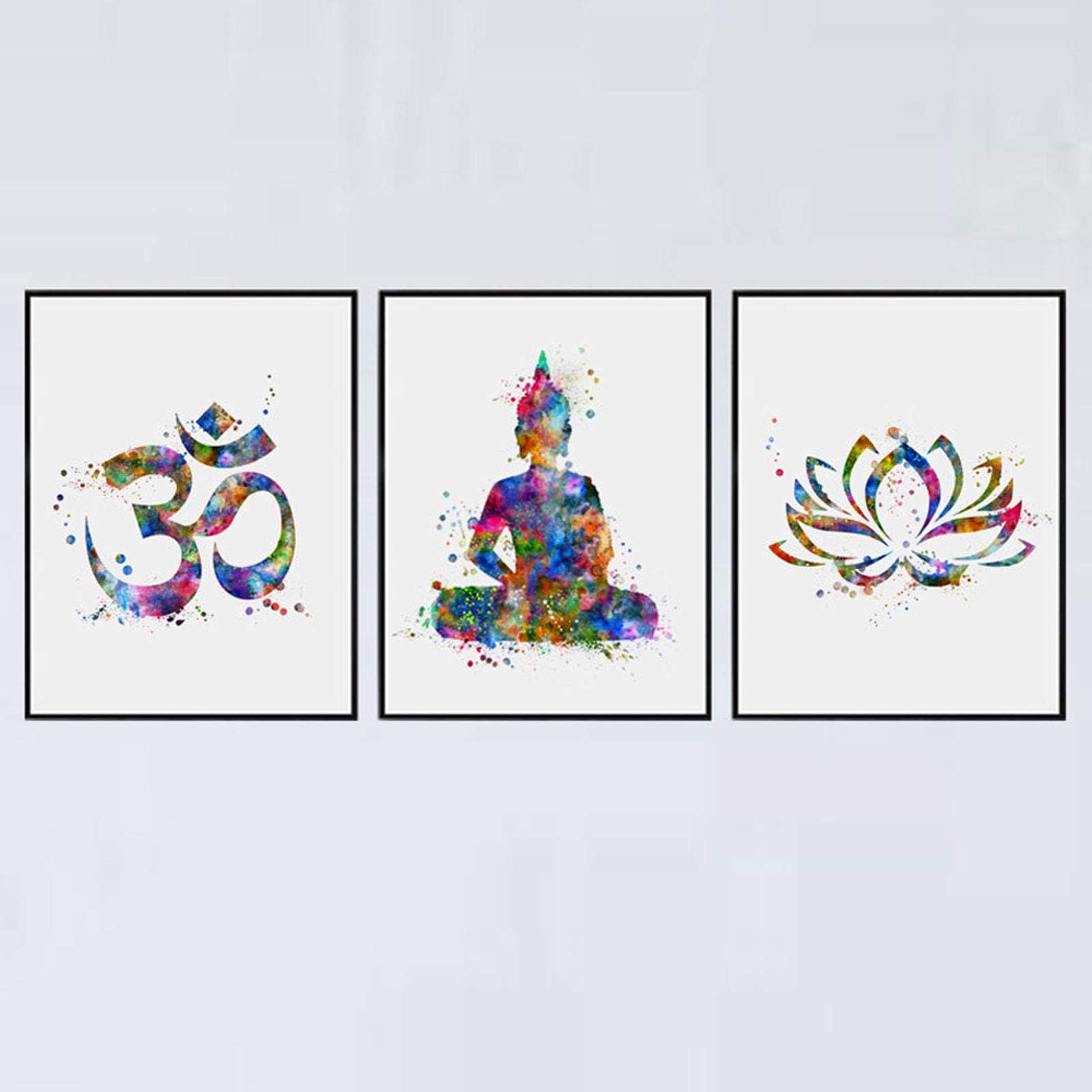 Buddha Wall Art Lotus Flower Art Print Yoga Watercolor OM Yoga Painting Wall Decor Home Decor Painting Gift Set of 3 Prints 8x10 inch Unframed