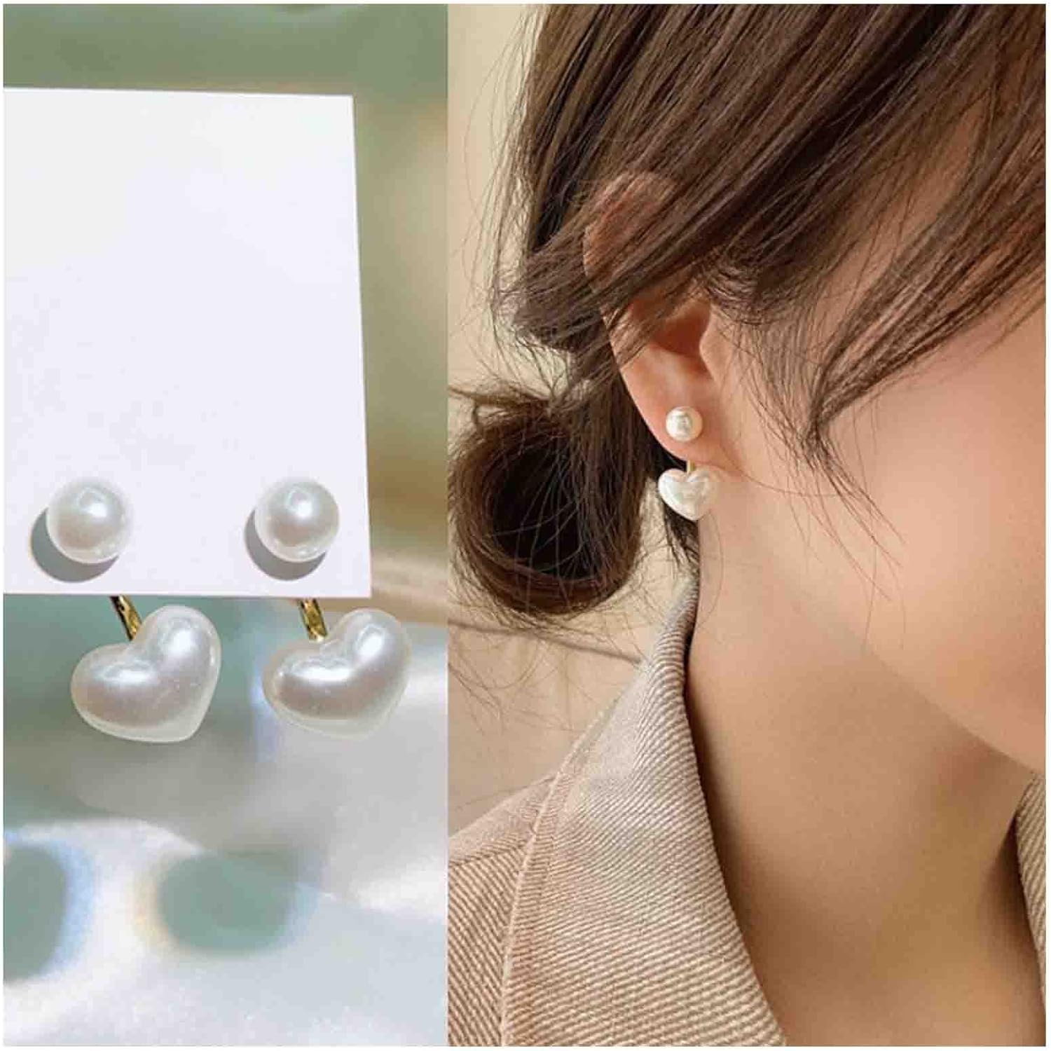 Bohemian Pearl Ear Jackets Earrings Pearl Heart Studs Earrings Vintage Heart Drop Earrings Two Ways Front Back Earrings Jewelry for Women - Image 3