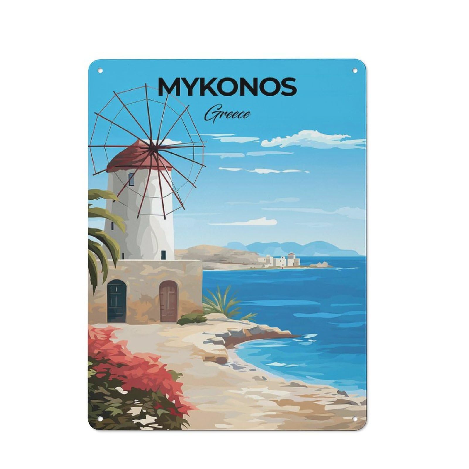 Junmoney Style-12 Tin Wall Plaque 40X30cm With Mykonos Greece Travel For Workshop Wall, Housewarming Wall Decor For People Furnishing Workshop