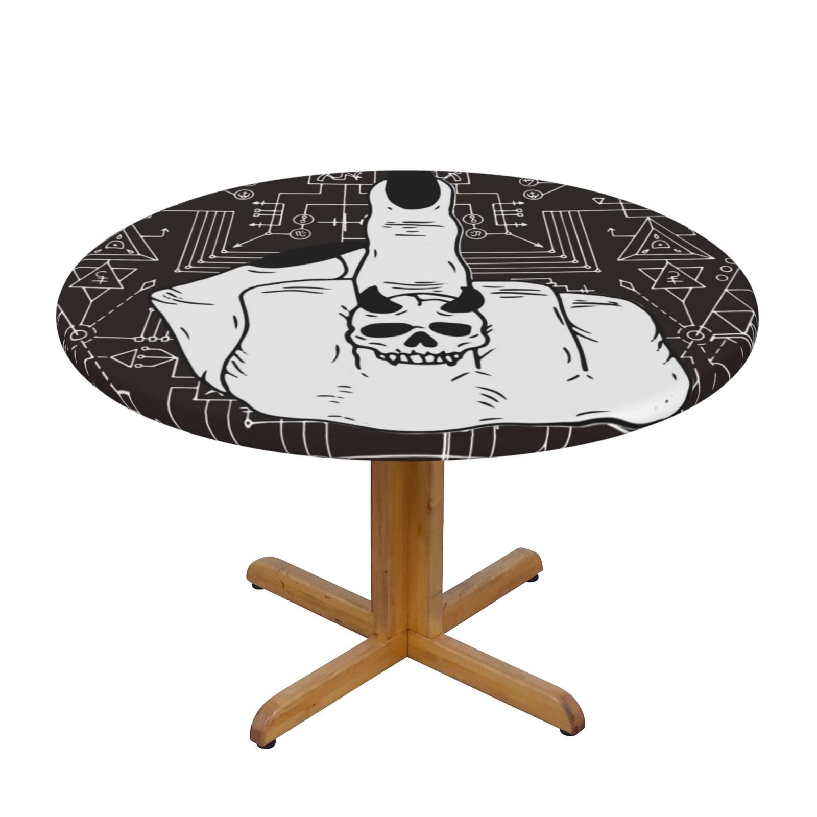 Lsjuee Round Fitted Tablecloth 40-44in Elastic Edged Table Cloth for Kitchen Dining Party Home Decor - Geometry Lines Demon HandBlack