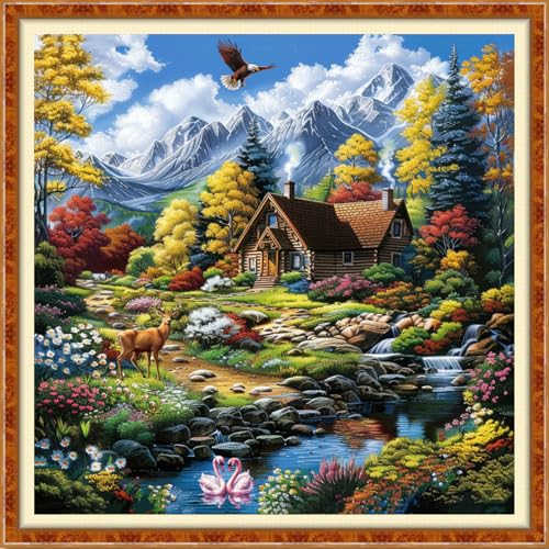 Image of Findvoor Stamped Cross Stitch Kits for Beginner Embroidery Kits for Beginners Adults DIY 11CT Cross Stitch Patterns Needlepoint Kits Crossstitching Kits-Forest Home 18x18 inch